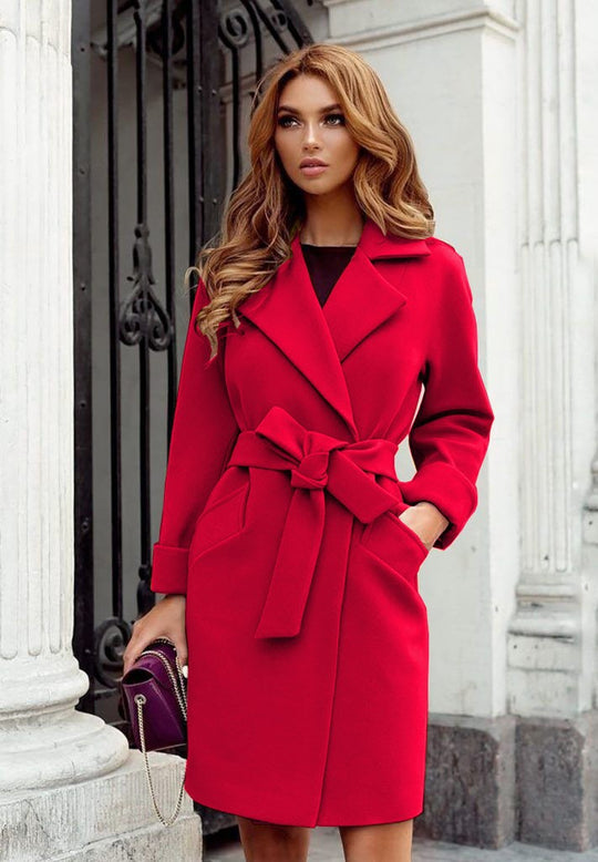 Damen eleganter Trenchcoat mit Taillengürtel und praktischen Taschen R&B
