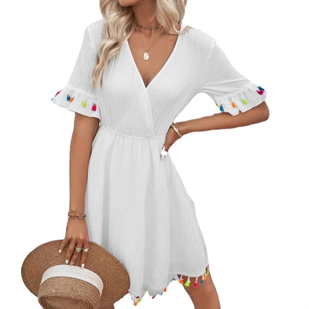 Damen Sommerkleid mit verspielten Volants und bunten Quasten R&B