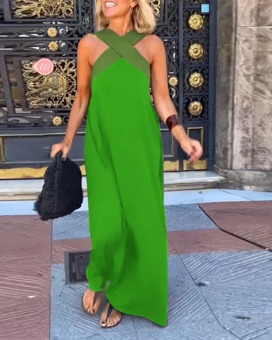 Damen Maxikleid mit raffiniertem Kreuz-Ausschnitt und fließendem Schnitt R&B