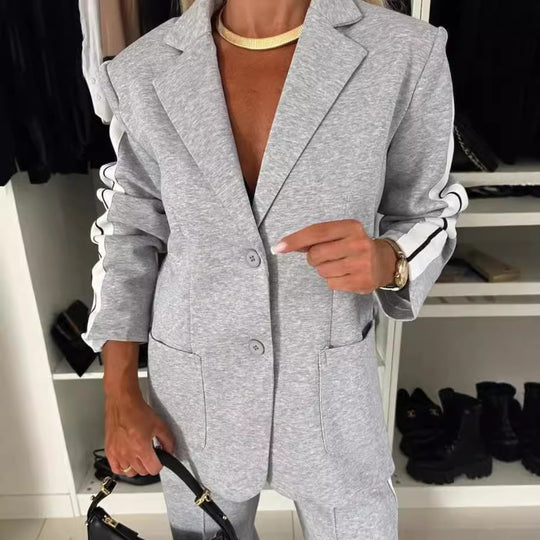 Damen nan elegantes Blazer-Set im Sportchic mit kontrastierenden Seitenstreifen und elastischer Bundhose R&B