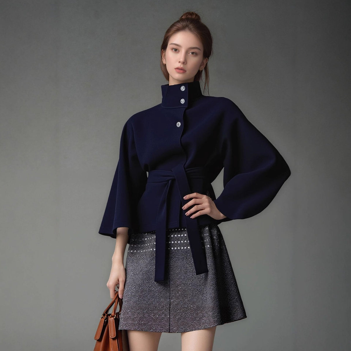 Damen moderne Cape-Jacke mit abnehmbarem Gürtel und hohem Kragen R&B