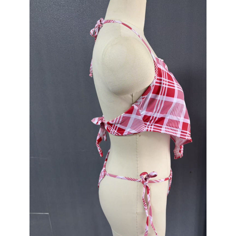 Damen Crop-Top Bikini mit asymmetrischem Schnitt und modischem Karomuster R&B