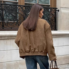 Damen Modische Suede-Bomberjacke mit praktischen Taschen und Reißverschluss R&B