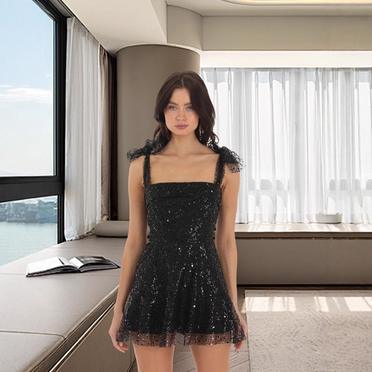 Damen Glitzerndes Minikleid mit dekorativen Trägern und funkelnden Details R&B