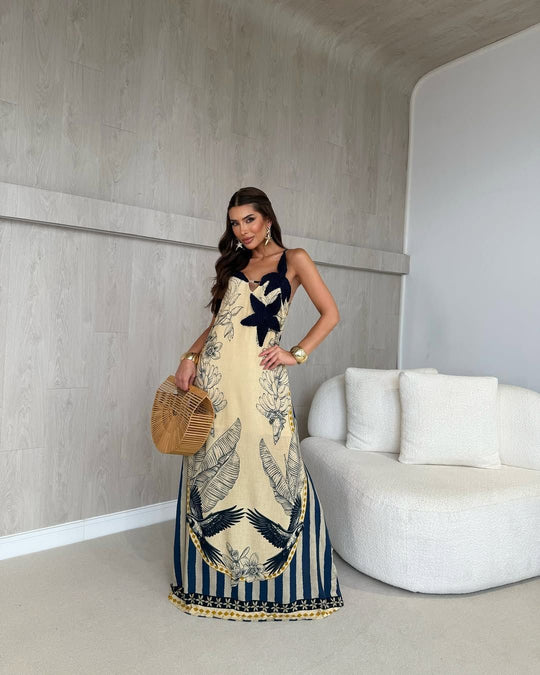 Damen Maxi-Kleid mit floralem Druck und kontrastierenden Akzenten R&B