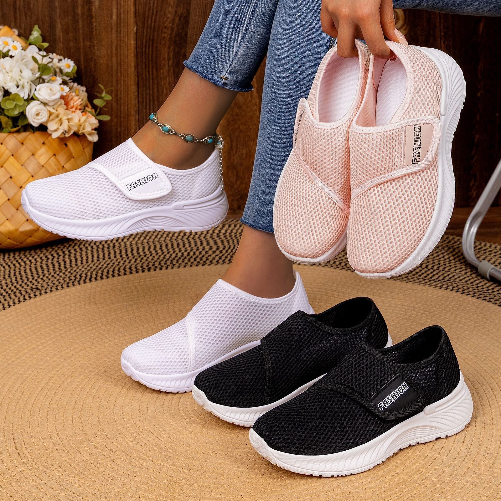 Damen Atmungsaktive Slip-On Sneakers mit Klettverschluss
