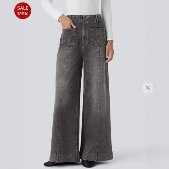 Damen Weitgeschnittene Denim-Hose mit hohen Bund und großen Taschen R&B