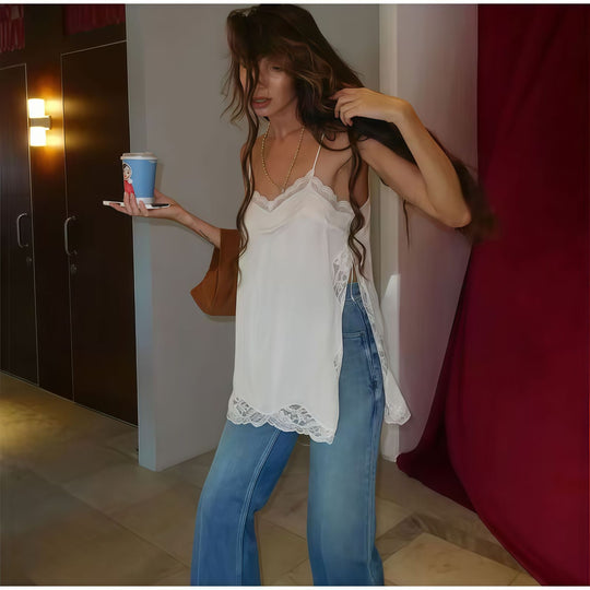 Damen elegantes Spitzentop mit feinen Trägern R&B