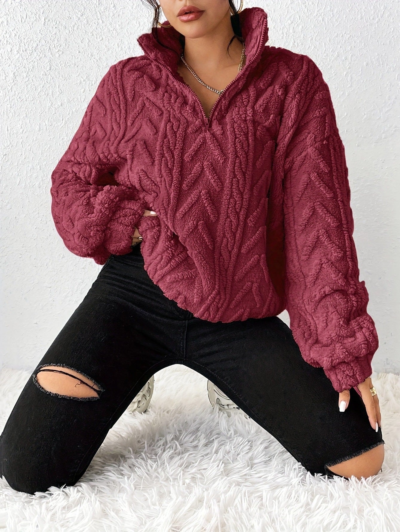 Damen Fleece Pullover mit hohem Kragen und strukturiertem Design R&B