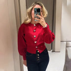 Damen Pullover mit Herzknöpfen und Puffärmeln R&B