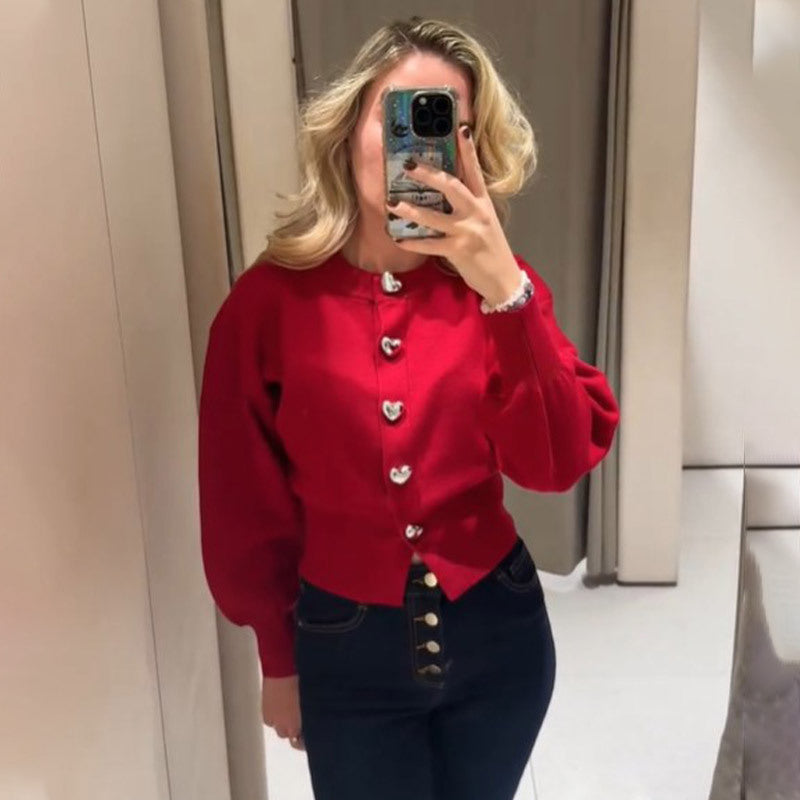 Damen Pullover mit Herzknöpfen und Puffärmeln R&B