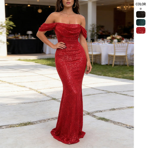 Damen Glitzerndes Abendkleid mit schulterfreiem Design und figurbetontem Schnitt R&B