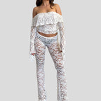 Damen Spitzen-Crop-Top mit weitem Ärmel und passenden Hose R&B