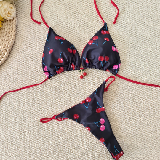 Damen Triangel-Bikini mit verspieltem Kirschenmuster und elastischen Bindebändern R&B