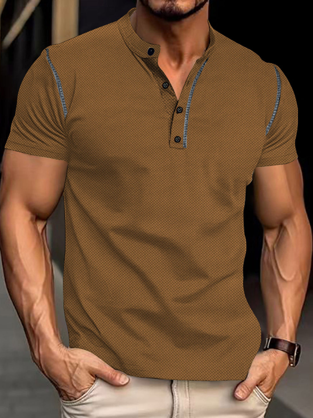 Herren nan tailliertes Struktur-Poloshirt mit Stehkragen und Zierpaspel R&B