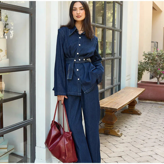 Damen modischer Jeansmantel mit tailliertem Gürtel R&B