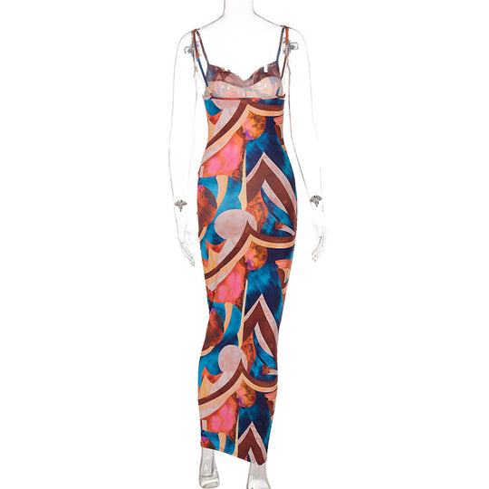 Damen Maxikleid mit hohem Schlitz und modernem Zebramuster R&B