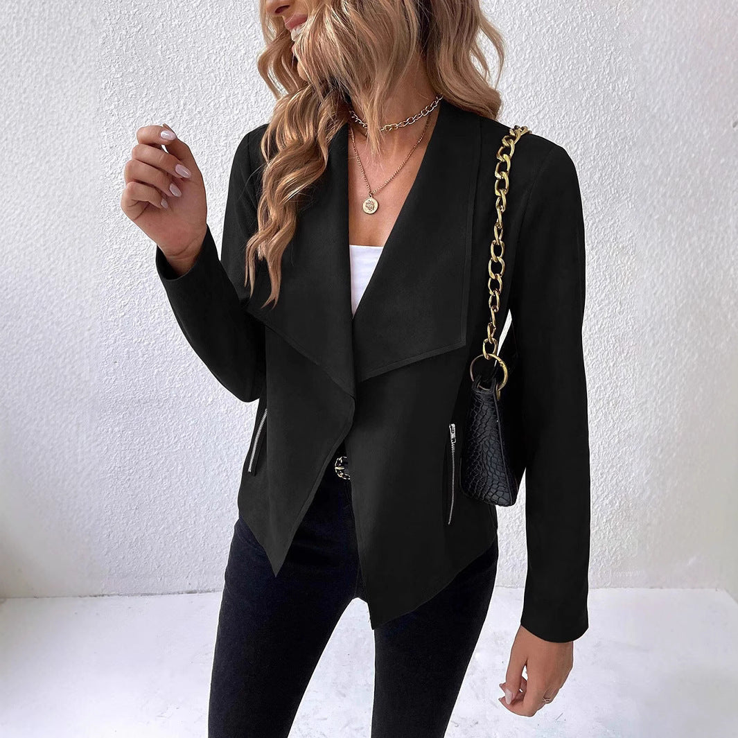 Damen elegante Veloursjacke mit asymmetrischem Revers und Reißverschlusstaschen R&B