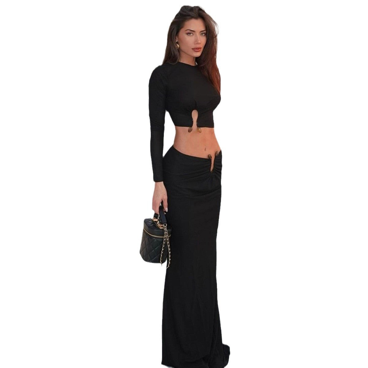 Damen Crop-Top und Maxi-Rock Kombi mit hohem Schlitz und eleganter Raffung R&B
