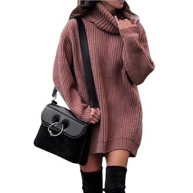 Damen Strickkleid mit hohem Kragen und Rippenstruktur