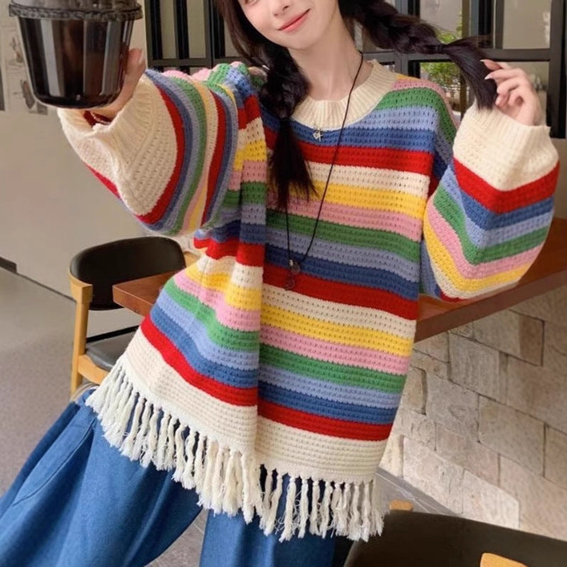 Damen Großer Strickpullover mit Fransen und buntem Streifenmuster