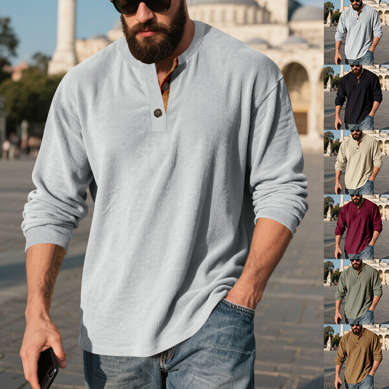 Herren Langarm-Henley-Shirt mit strukturiertem Material und modischen Knopfdetails R&B