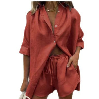 Damen luftige Leinenbluse mit Shorts R&B