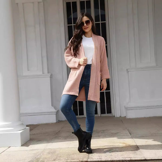 Damen lässiger Strickcardigan mit praktischen Taschen und offener Front R&B