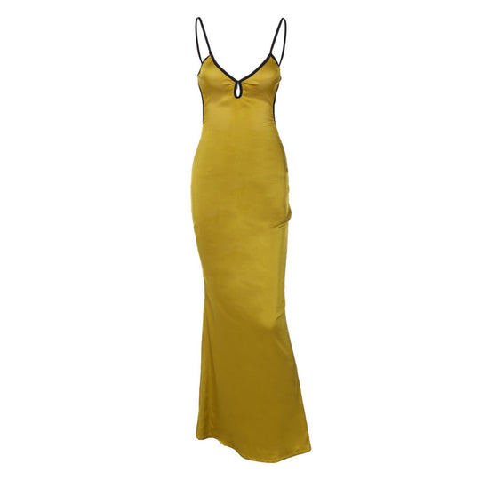 Damen Elegantes Satin-Maxikleid mit verstellbaren Spaghettiträgern und tiefem V-Ausschnitt R&B