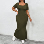 Damen figurbetontes Maxikleid mit quadratischem Ausschnitt aus Rippstrick R&B