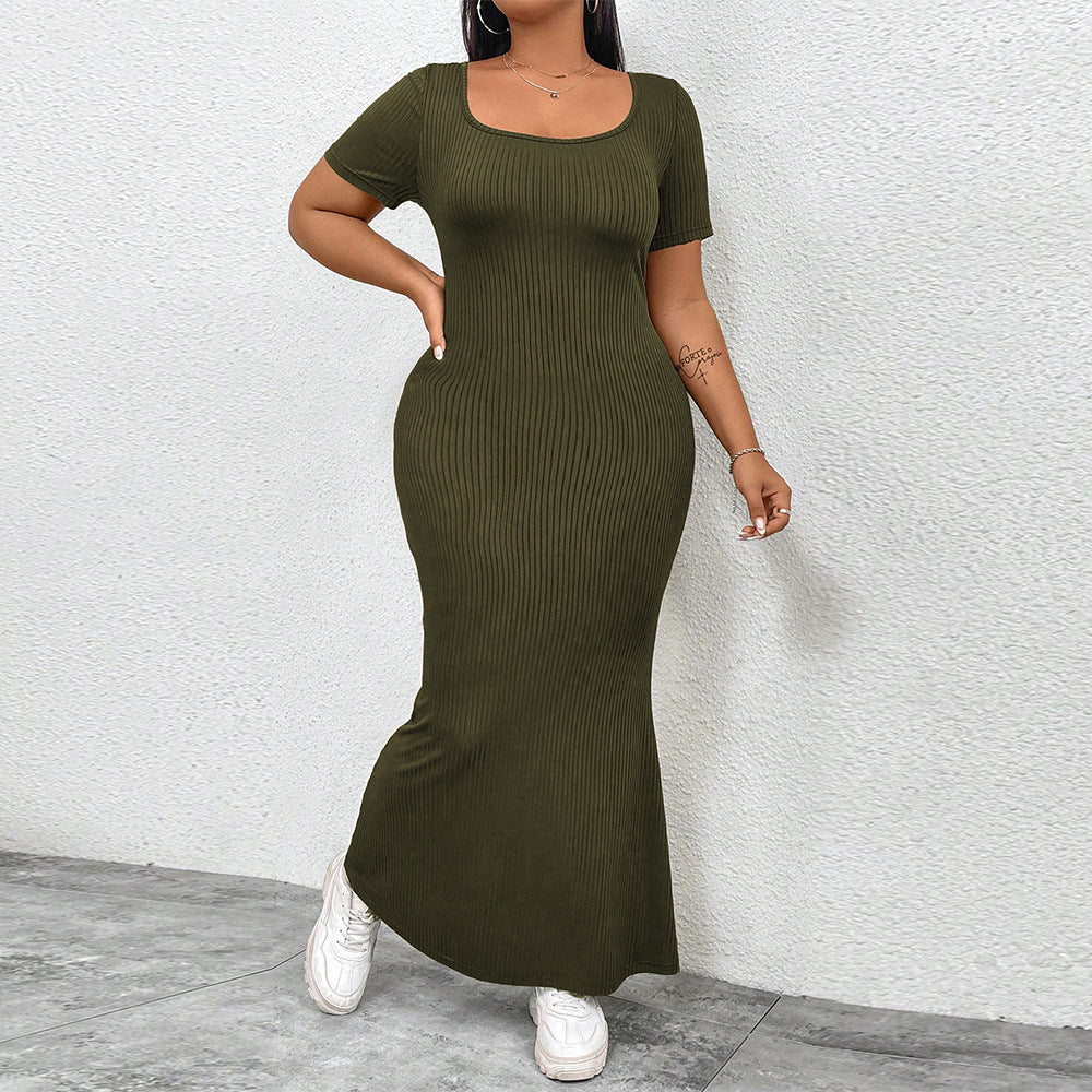 Damen figurbetontes Maxikleid mit quadratischem Ausschnitt aus Rippstrick R&B