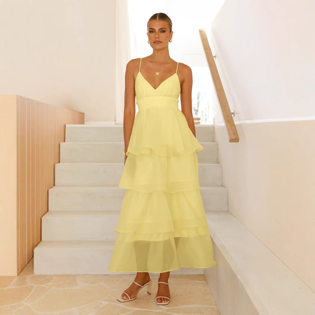Damen luftiges Maxikleid mit Schichten und Spaghettiträgern R&B