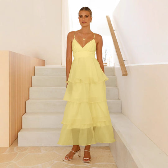 Damen luftiges Maxikleid mit Schichten und Spaghettiträgern R&B