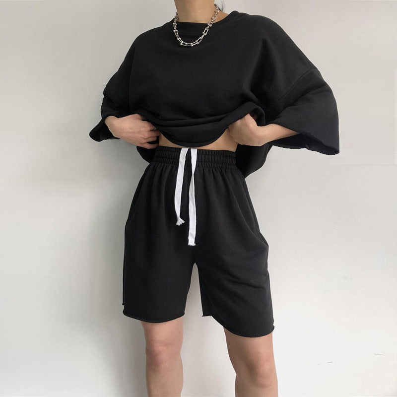 Damen lässiges Crop-Top und Shorts-Set mit weitem Schnitt R&B