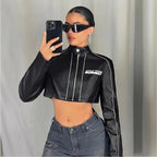 Damen cropped Kunstlederjacke mit sportlichen Zierelementen R&B