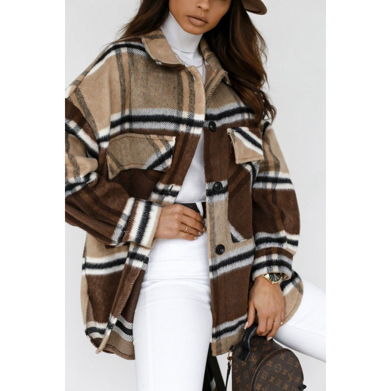 Damen Oversized Flanelljacke mit Karomuster und Taschen R&B