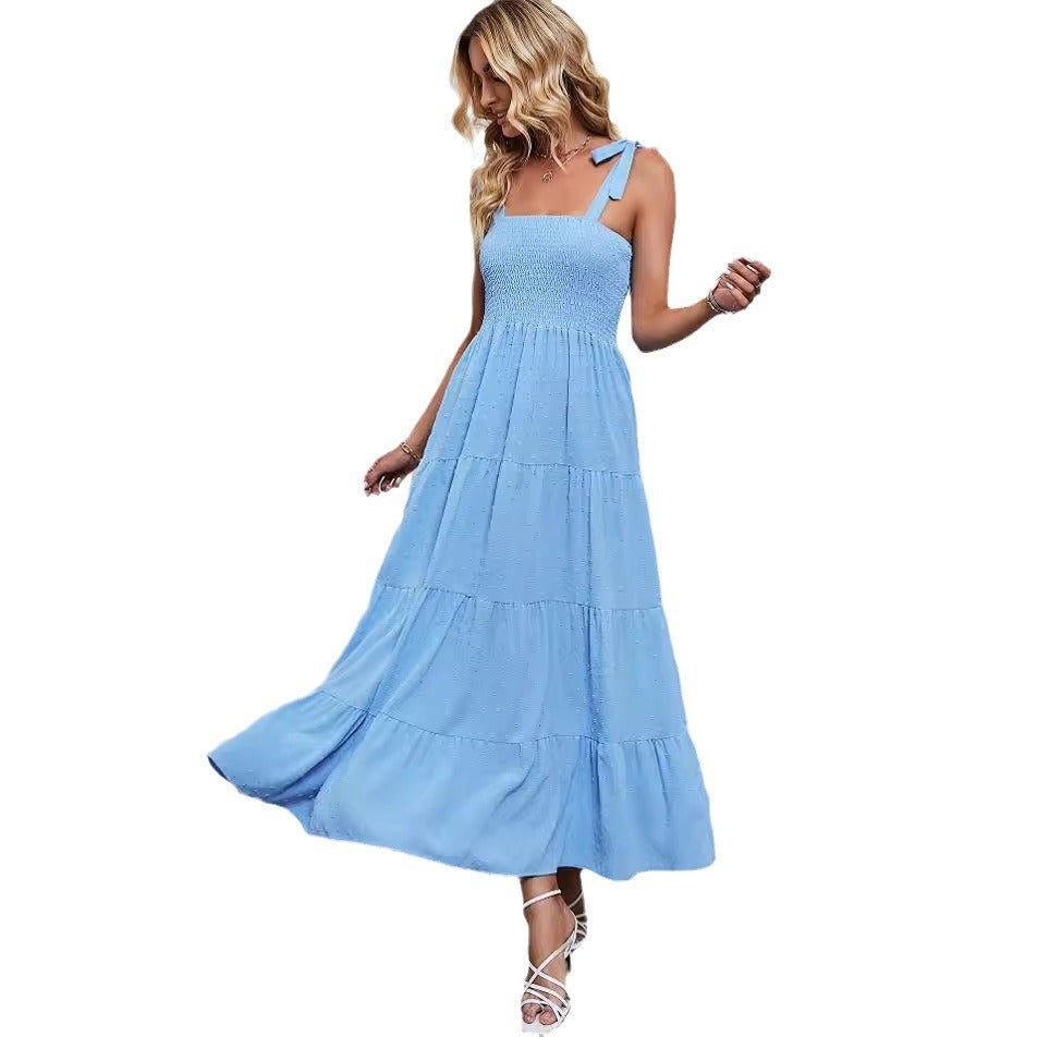 Damen Maxikleid im festlichen Boho-Stil mit schmalen Trägern und elastischem Oberteil R&B