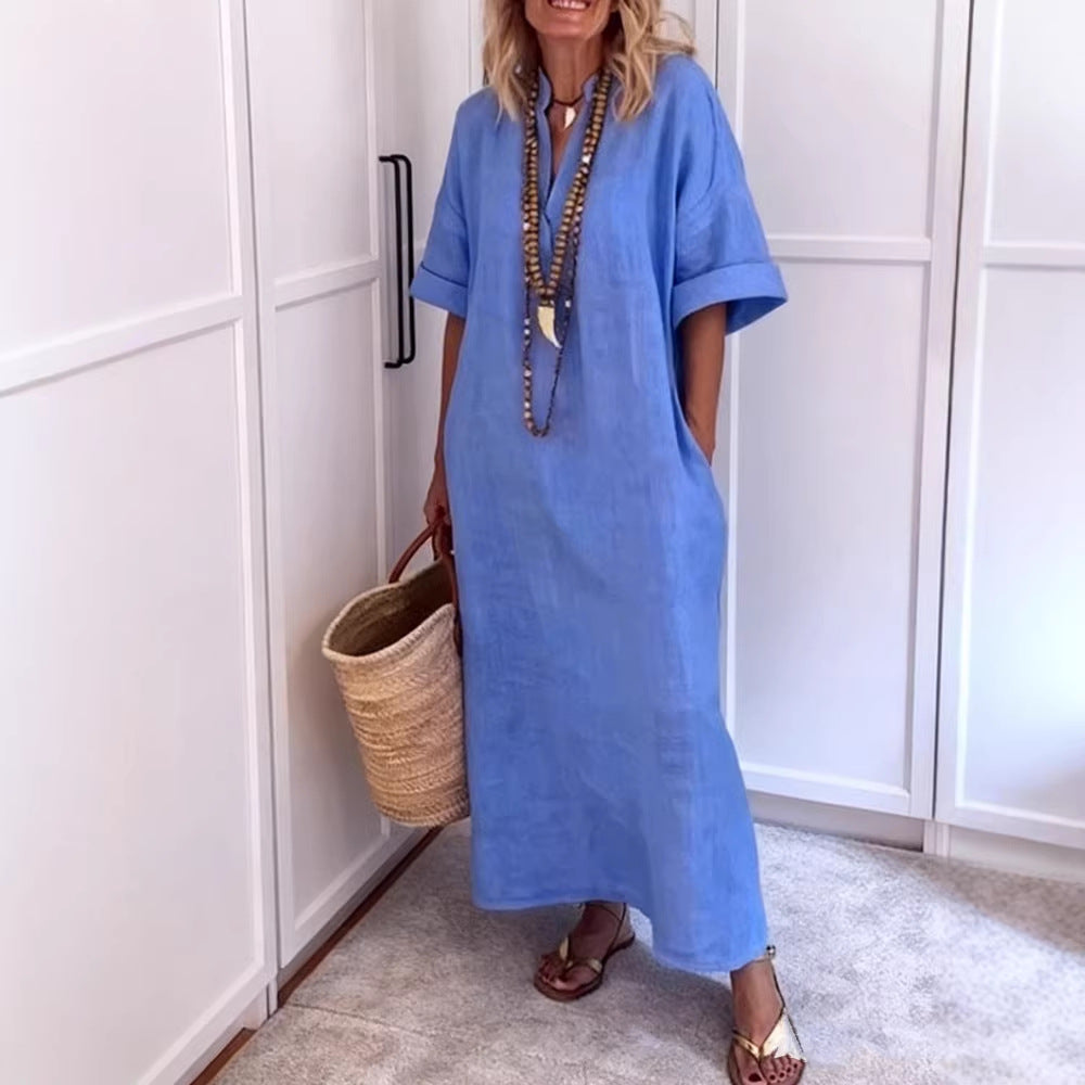 Damen Leinen Maxikleid mit V-Ausschnitt und praktischen Taschen R&B