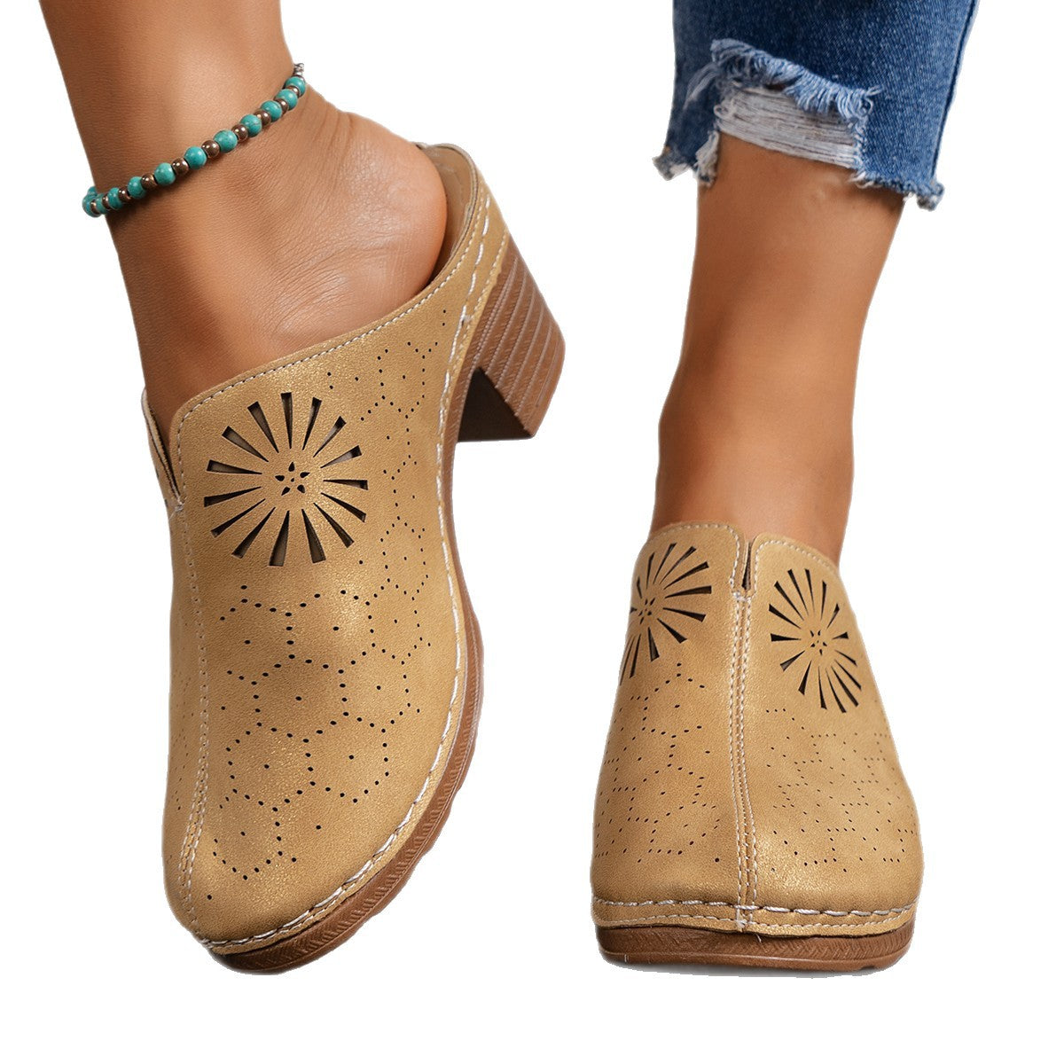 Damen Holz-Pantoletten mit raffiniertem Blumendekor und bequemer Sohle R&B