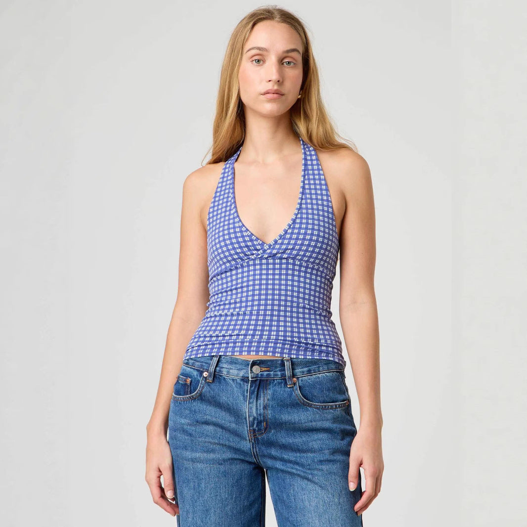Damen Halter-Top mit Punktmuster und V-Ausschnitt R&B