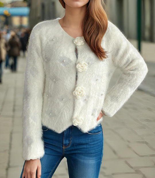 Damen Strickjacke mit floralen Applikationen und perlverzierter Detail R&B