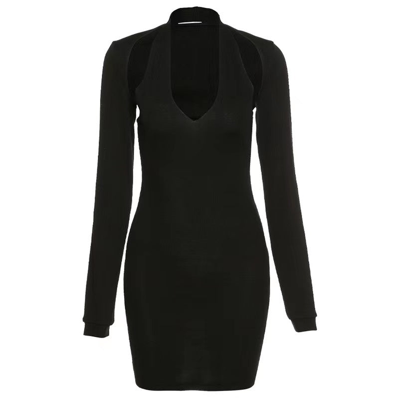 Damen Bodycon Kleid mit tiefem Ausschnitt und langen Ärmeln R&B