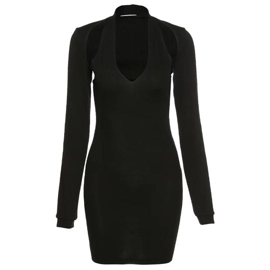 Damen Bodycon Kleid mit tiefem Ausschnitt und langen Ärmeln R&B