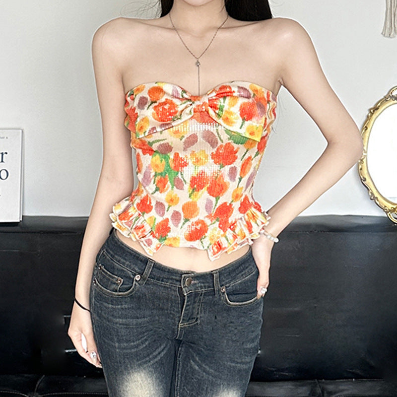 Damen Bustier-Top mit floralem Glitzerdesign und Rüschensaum R&B