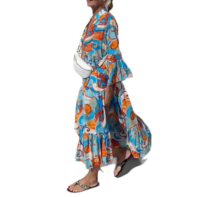 Damen nan luftiges Maxikleid mit Aquarellprint, V‑Ausschnitt, halber Knopfleiste und Stufenrock R&B