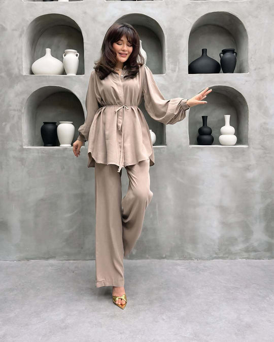 Damen elegantes Set mit langer Bluse und weitem Hosen R&B
