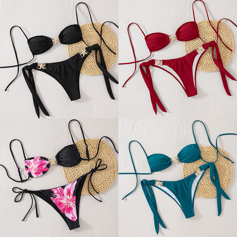 Damen Triangel-Bikini mit floralem Design und eleganten Goldakzenten R&B