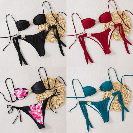 Damen Triangel-Bikini mit floralem Design und eleganten Goldakzenten R&B
