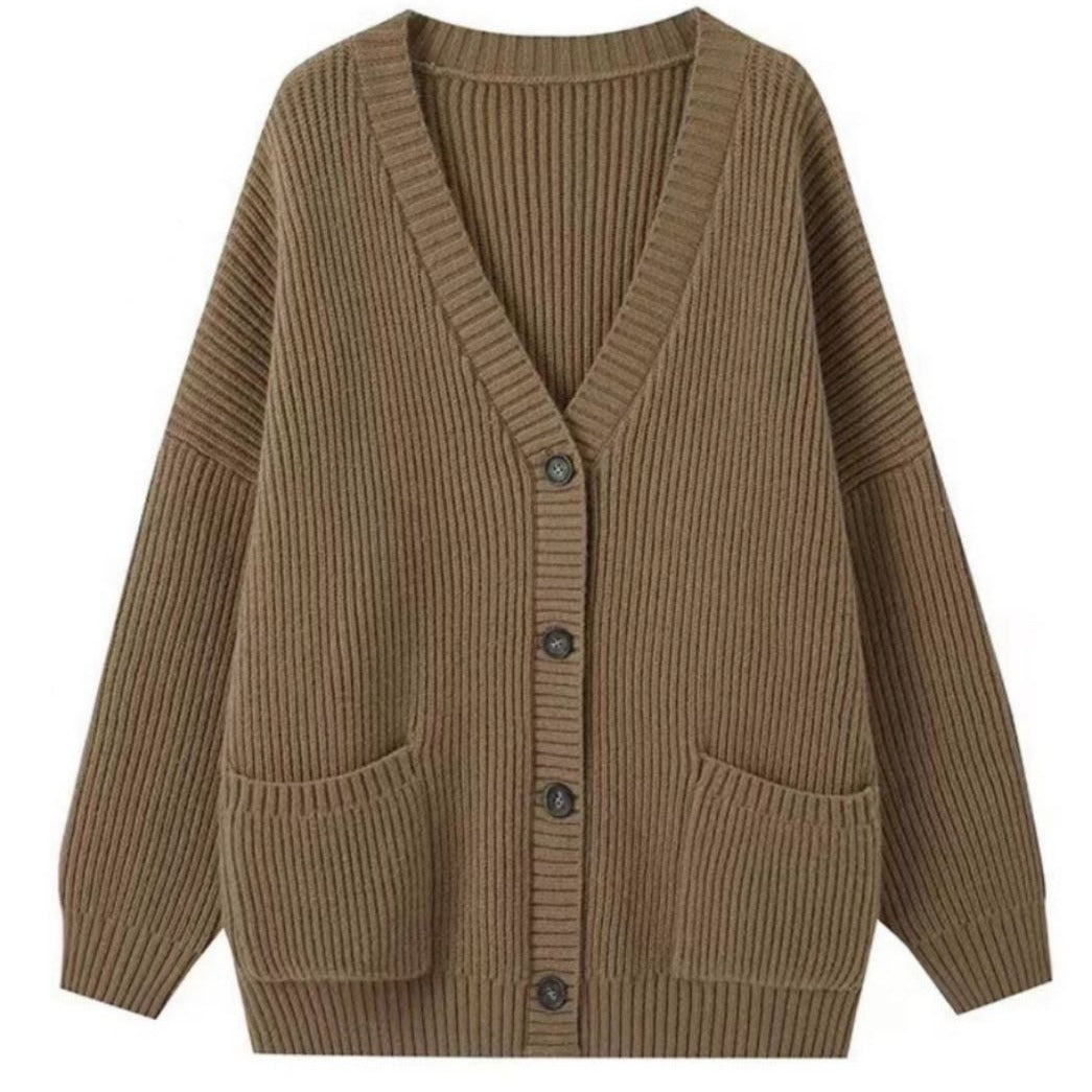 Damen Grobstrick Cardigan mit Taschen und tiefem V-Ausschnitt R&B