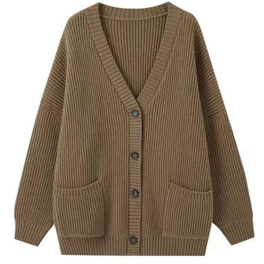 Damen Grobstrick Cardigan mit Taschen und tiefem V-Ausschnitt R&B
